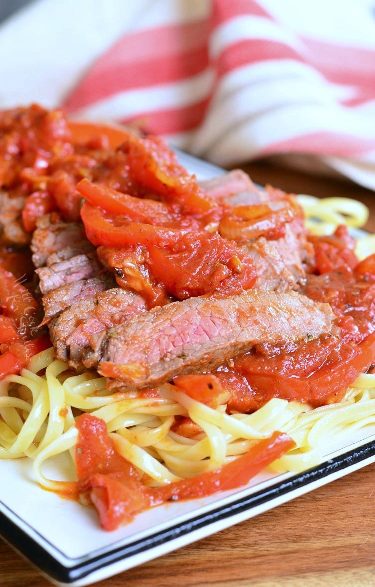 Steak with Pizzaiola Linguine on a plate 