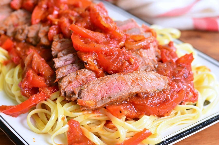 Steak Pizzaiola Linguine on a plate 