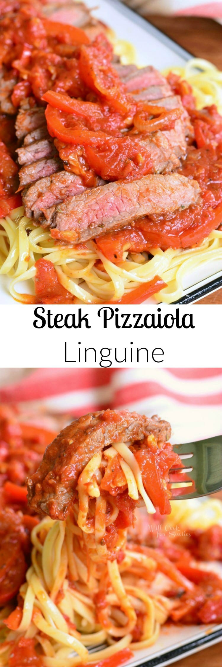 Steak Pizzaiola Linguine. Delicious Italian dish made with seared tender sirloin steak, easy pizzaiola sauce (tomato sauce), and served over linguine collage