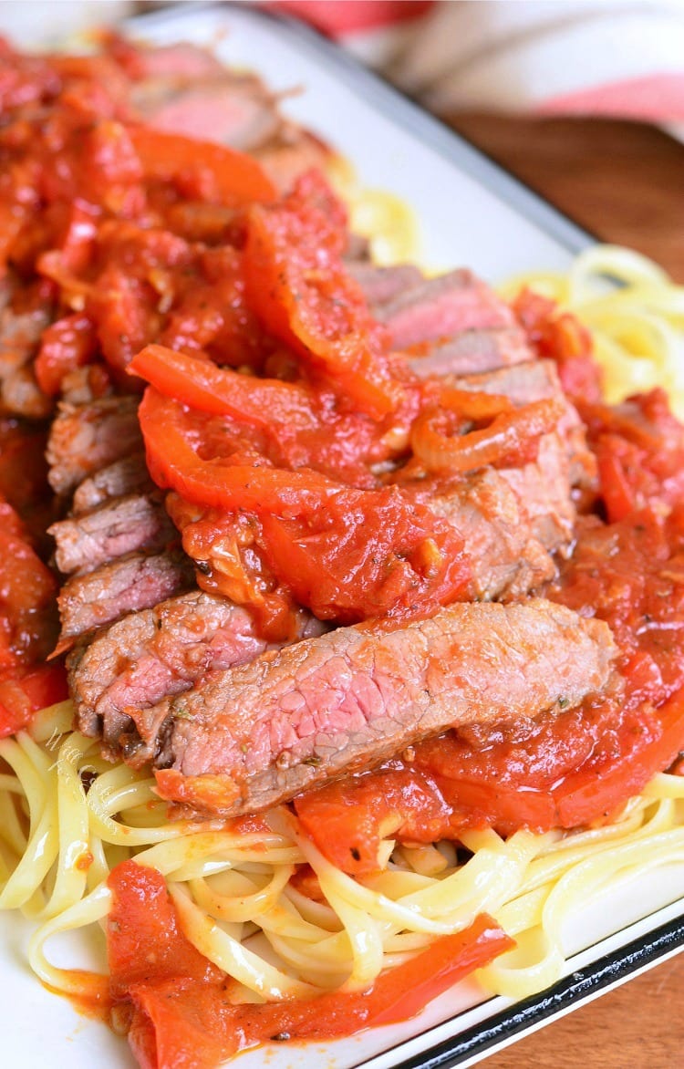 Steak Pizzaiola Linguine on a plate 