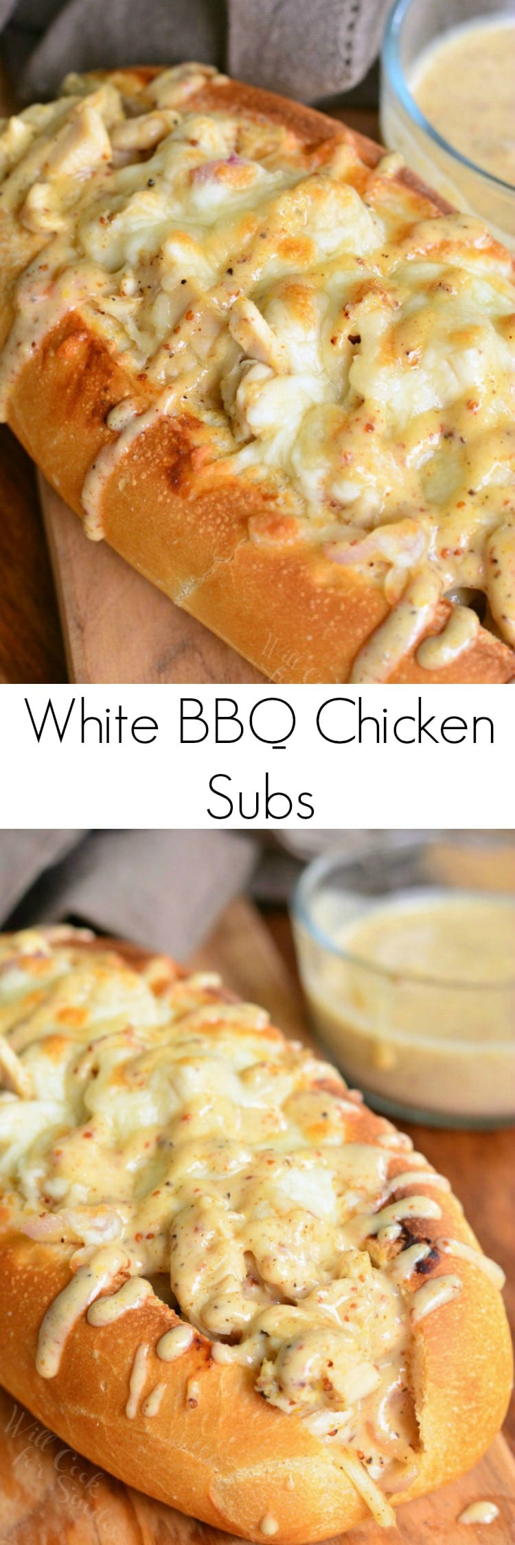Chicken Sub with white bbq on top on a cutting board with a bowl of white bbq sauce in the background to the right collage 