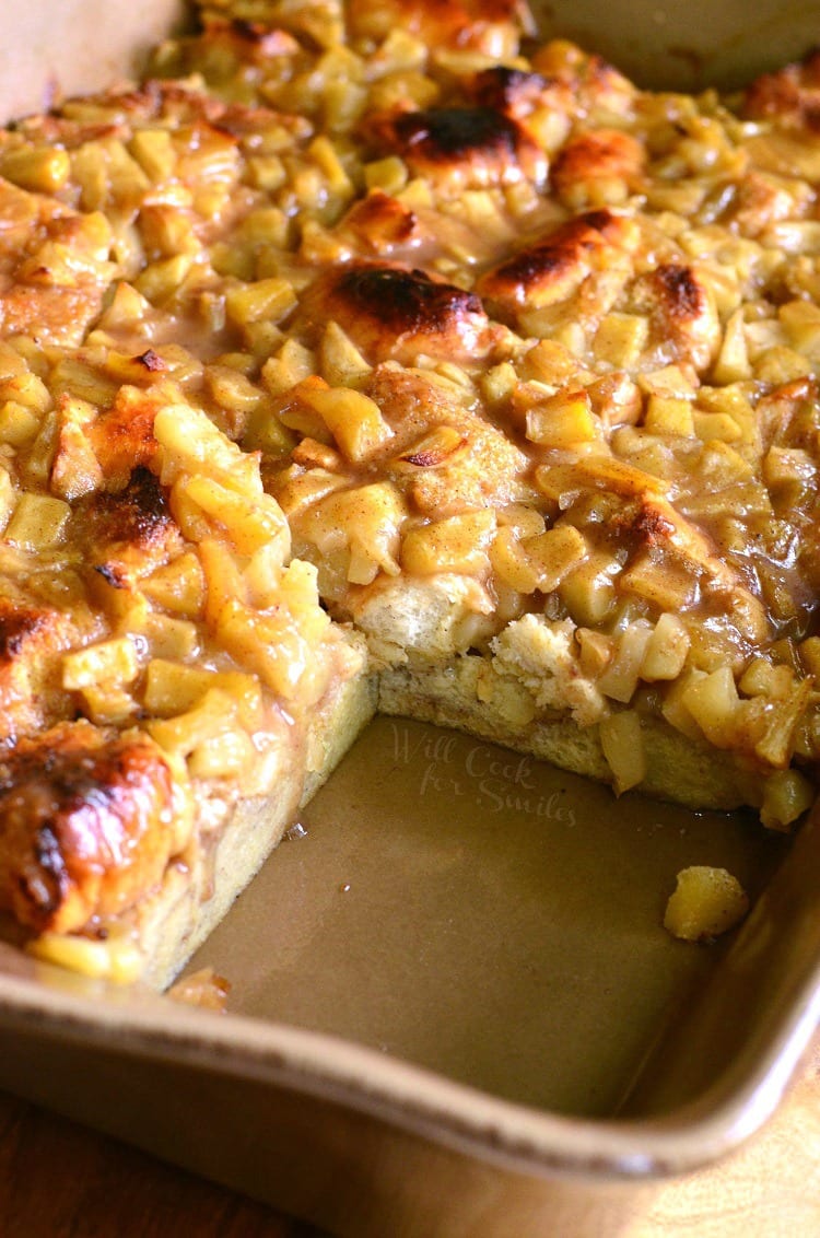 Apple Pie Bread Pudding in a brown baking dish 