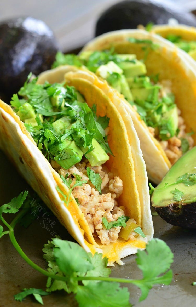  Avocado Turkey Tacos in a hard shell with ground turkey, avocado and cilantro 