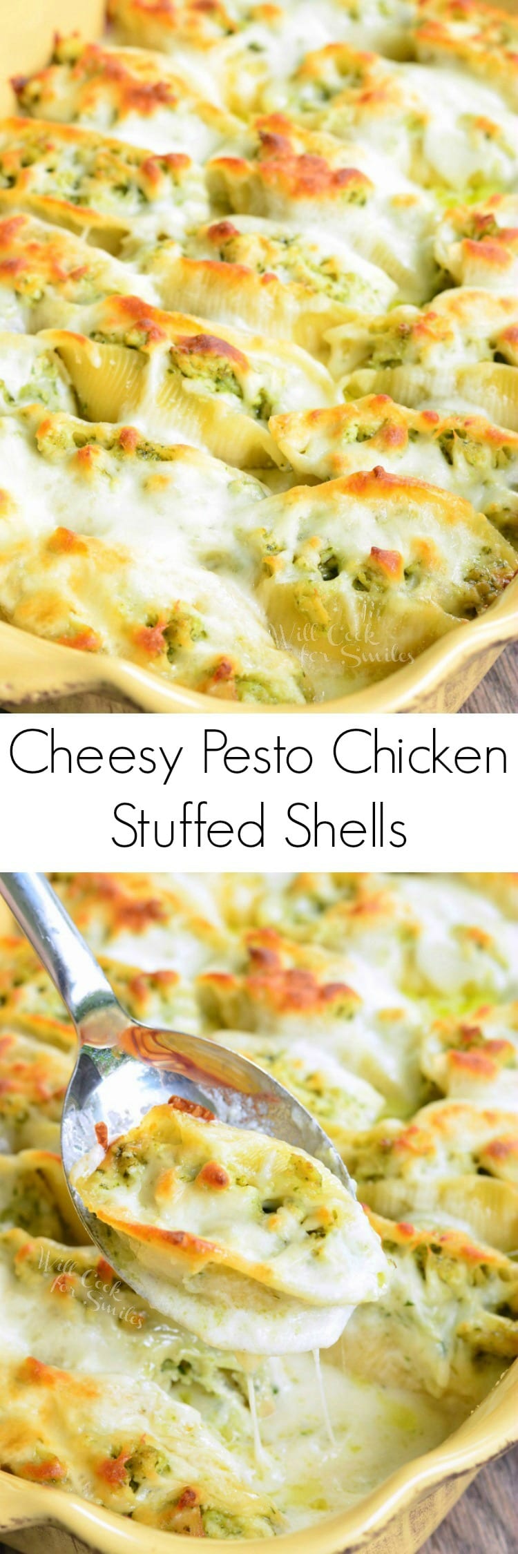  Cheesy Pesto Chicken Stuffed Shells with cheese melted on top in a yellow baking dish collage