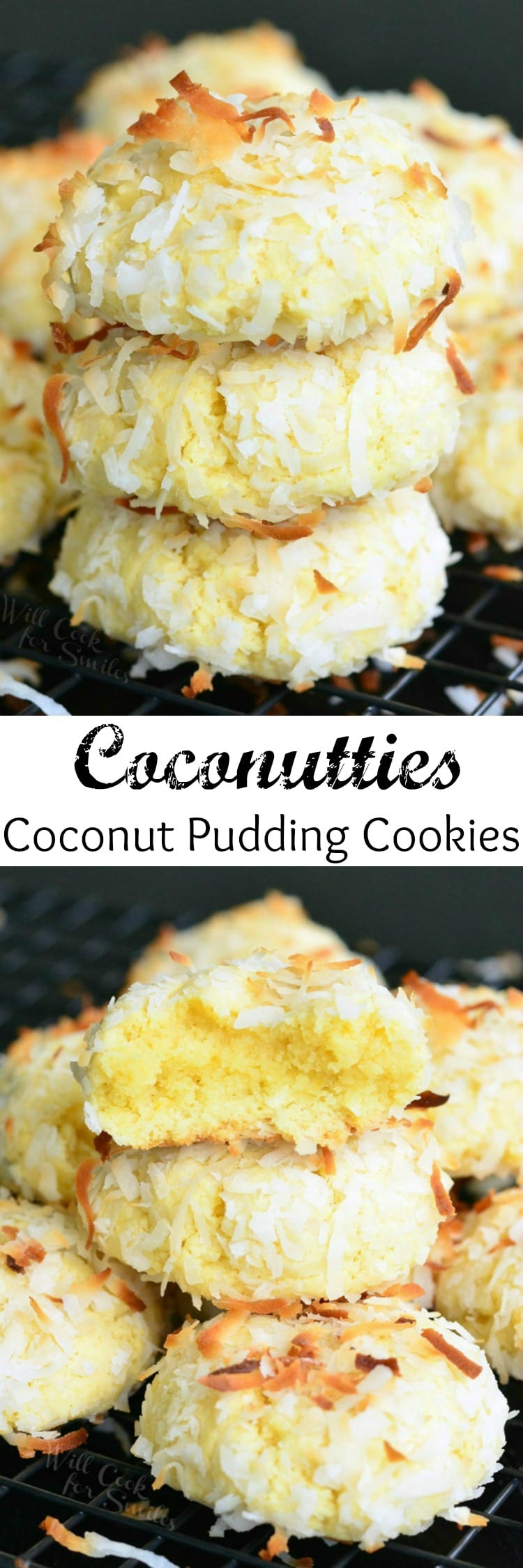 Coconut Pudding Cookies with coconut flakes on top stacked on a cooling rack collage 