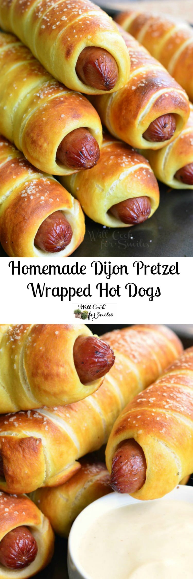 Pretzel Wrapped Hot Dogs stacked up on baking sheet with Maple Dijon Dipping Sauce in a white bowl collage