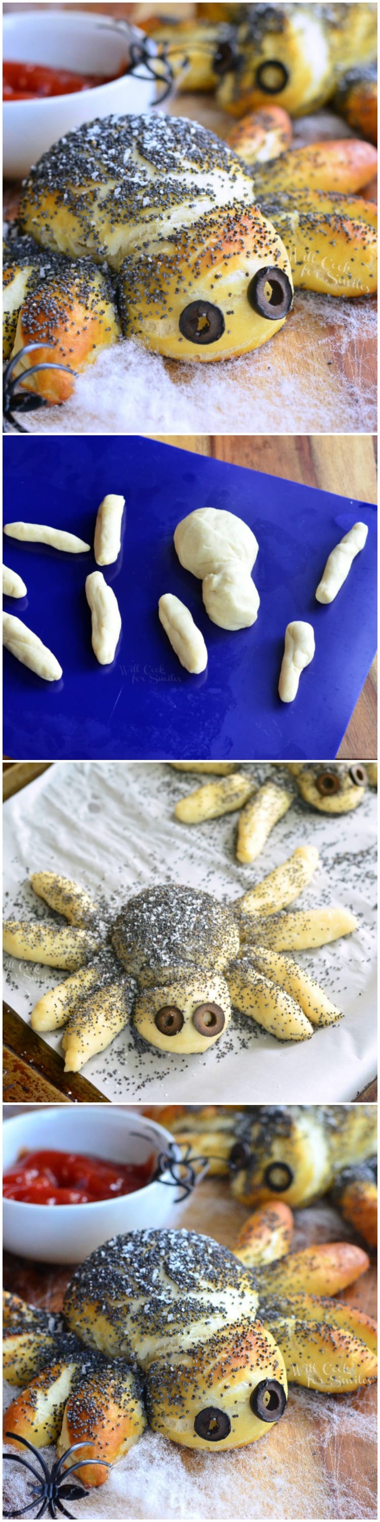 collage of how to make pretzel spiders 