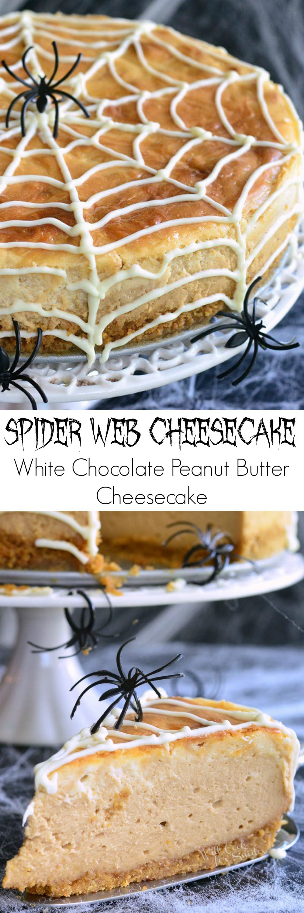 top phot Spider Web Cheesecake with fake spider and bottom photo slice of cheesecake with fake spider 