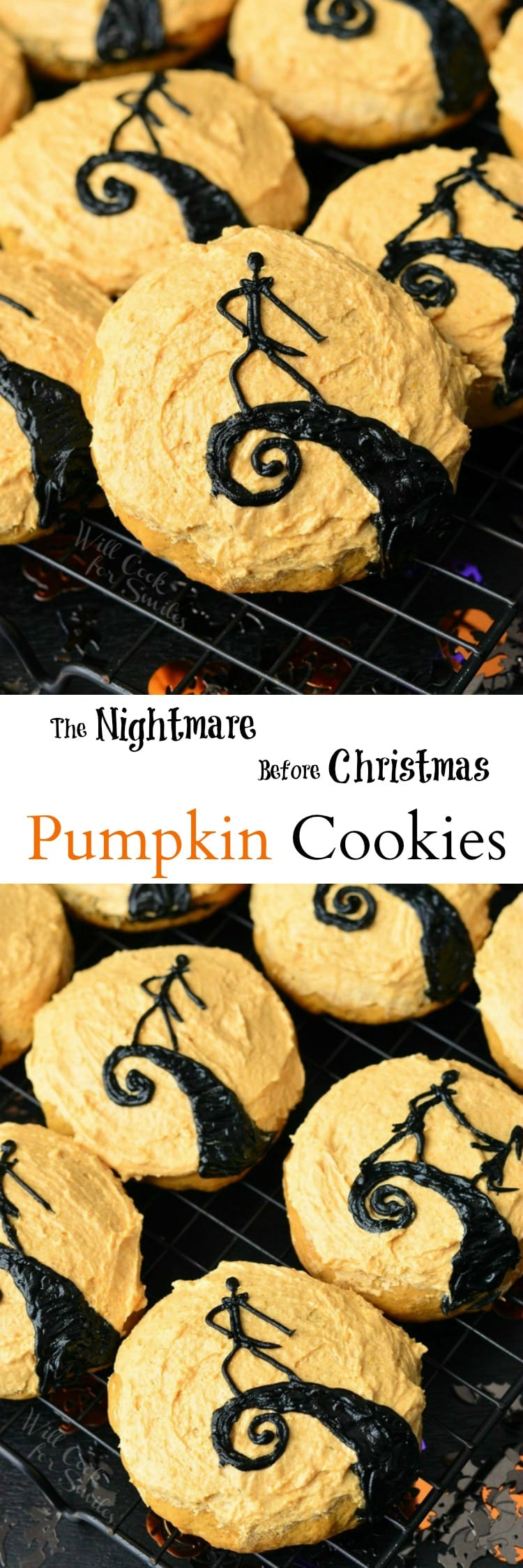 The Nightmare Before Christmas Cookies. Orange frosted cookies some with Jack and one with Jack and Sally together made out of black frosting on a cooling rack 