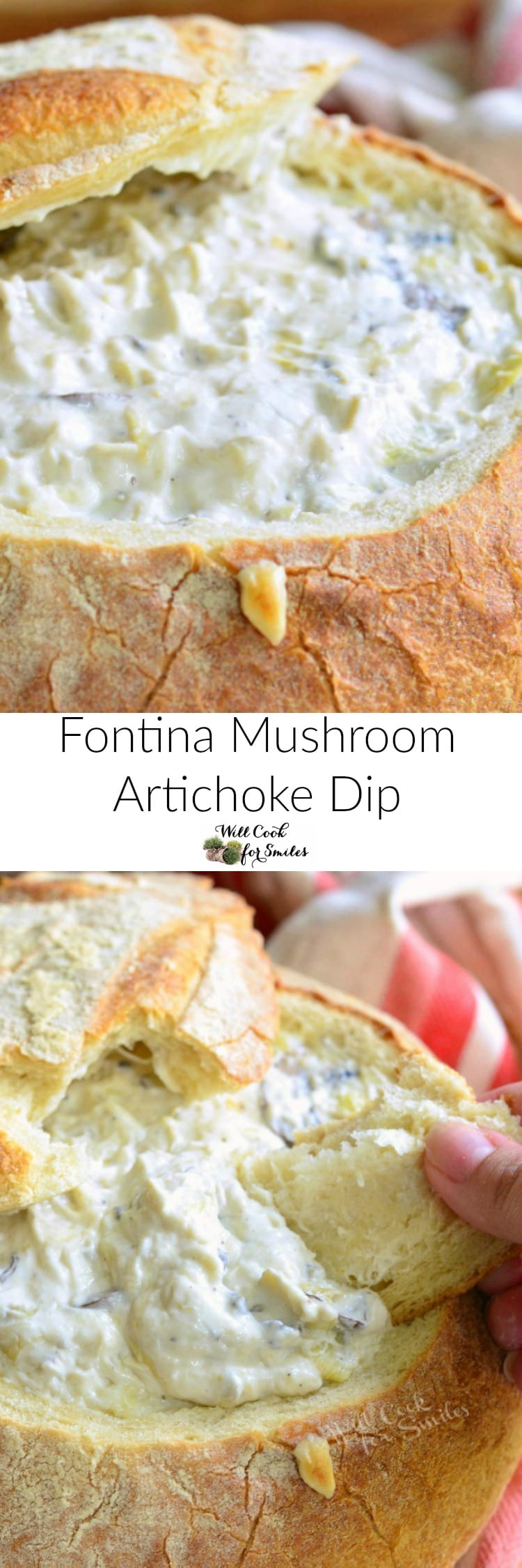 collage top photo is Fontina Mushroom Artichoke Dip in a bread bowl bottom photo is bread being dipped into the dip 