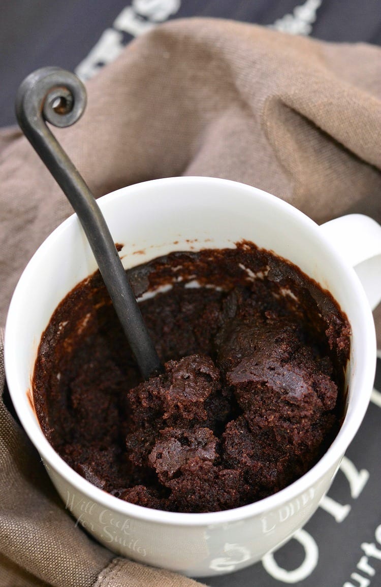 Chocolate cake in a white coffee mug with a spoon inside cup