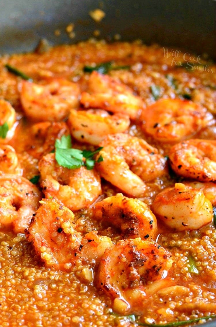 Shrimp and Quinoa in a cast iron skillet 