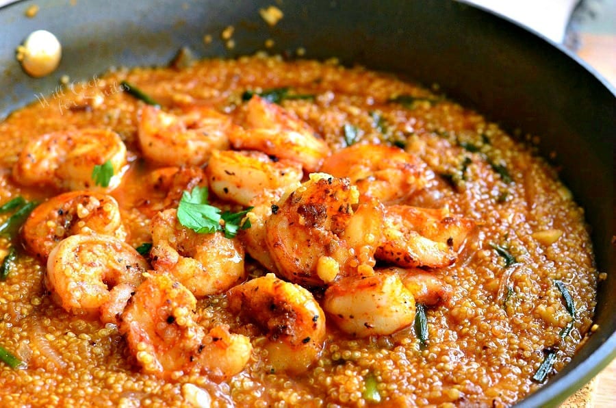 Cajun Shrimp and Quinoa in a cast iron skillet 