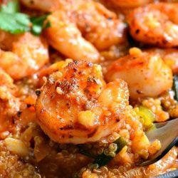 skillet filled with cajun shrimp and quinoa with a spoon lifting one shrimp from the dish.