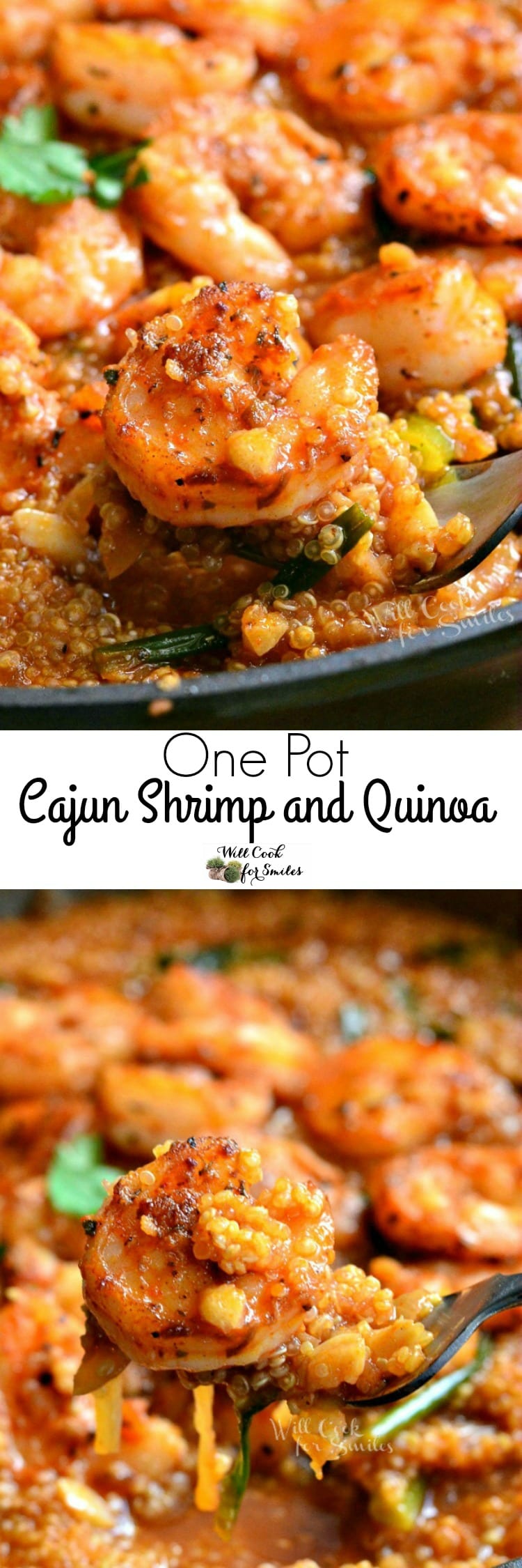 top photo Shrimp and Quino on a fork bottom photo shrimp and quinoa on a fork close up 