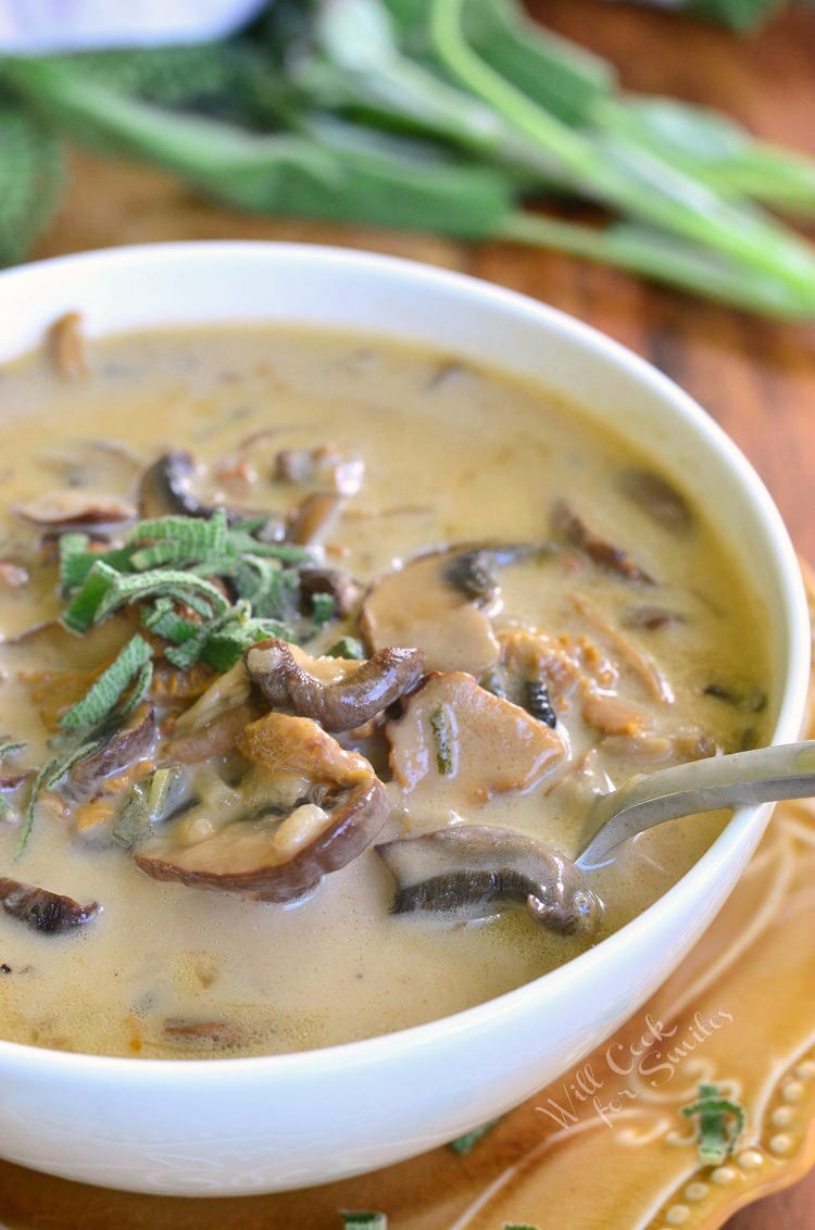 spooning out some of the mushrooms and soup from a bowl with a spoon 