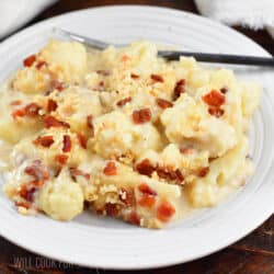 closeup of cheesy cauliflower casserole on the plate