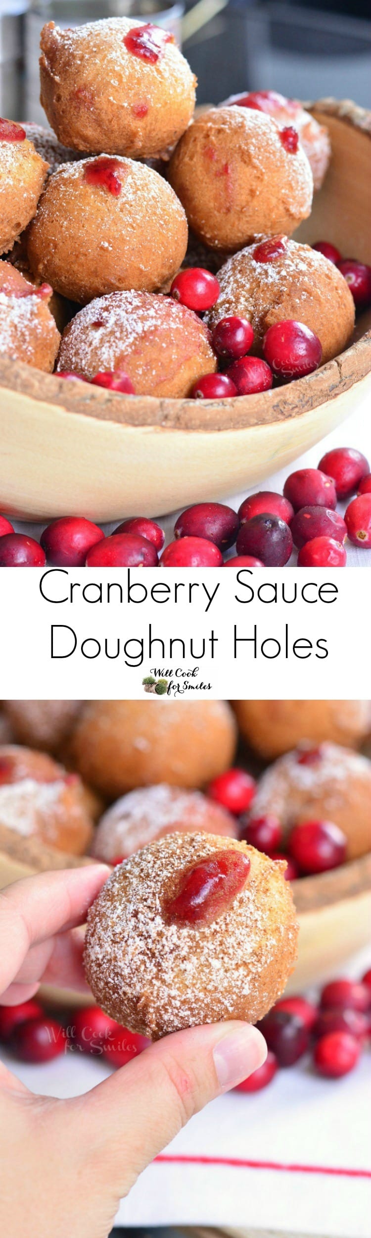 collage top photo Cranberry Sauce Doughnut Holes in a bowl bottom photo holding a donut hole 