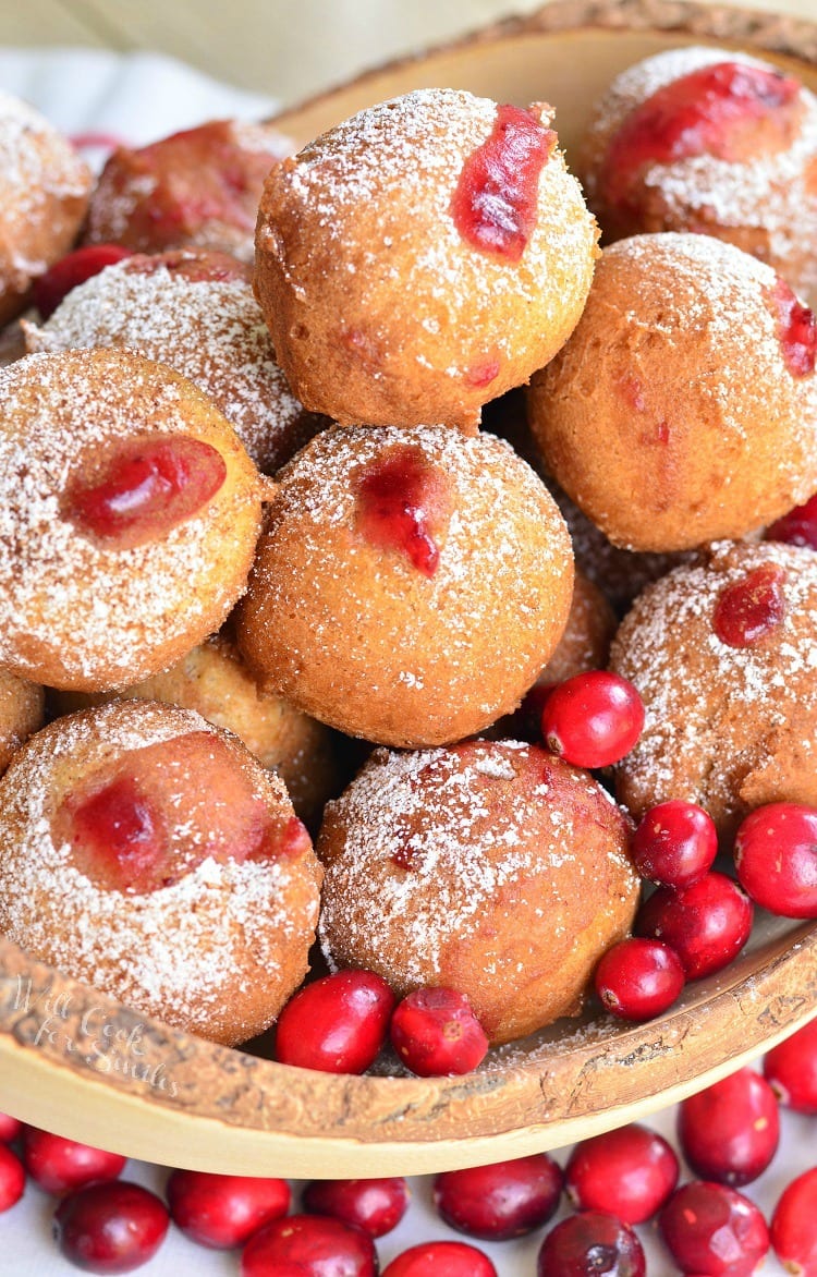 top view of Cranberry Sauce Doughnut Holes in a bowl 