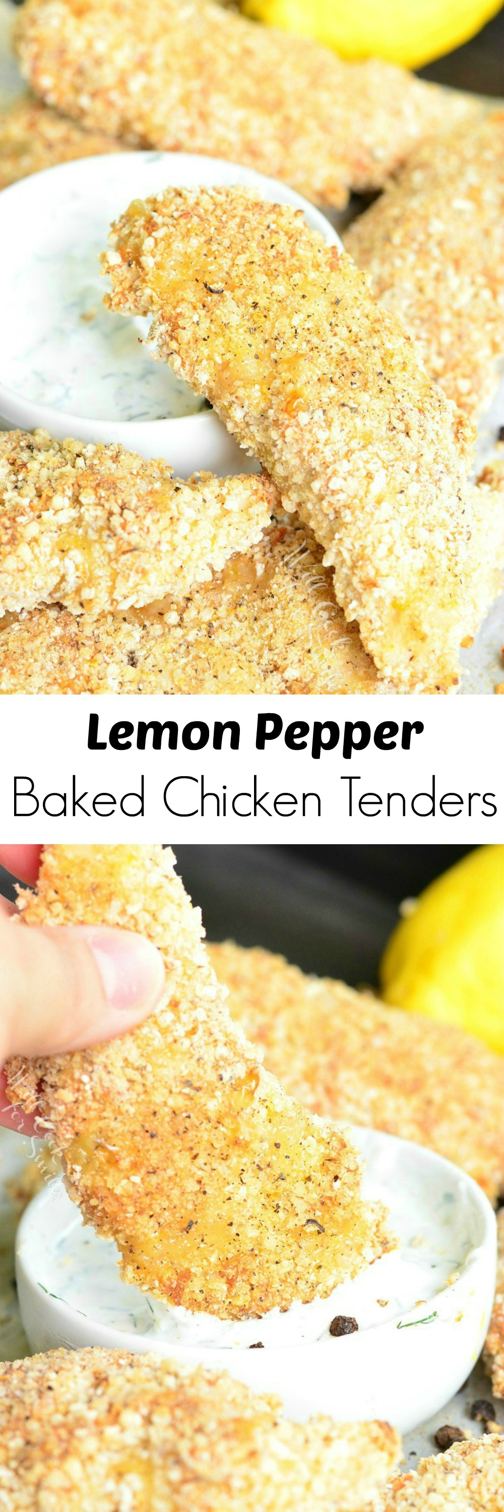 top photo is Lemon Pepper Baked Chicken Tenders with dipping sauce in white bowl bottom photo dipping chicken tender into sauce that is in white bowl 