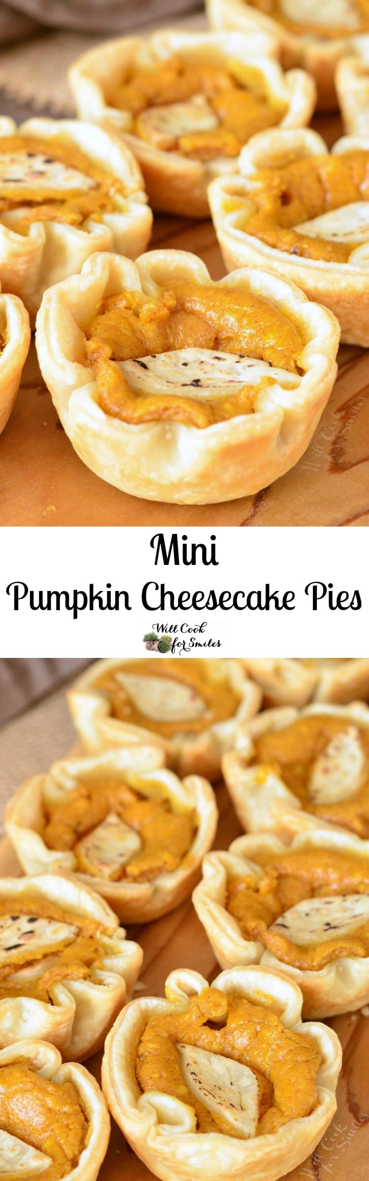 collage of top photo Mini Pumpkin Cheesecake Pies bottom photo mini pumpkin cheesecake pies on a cutting board 