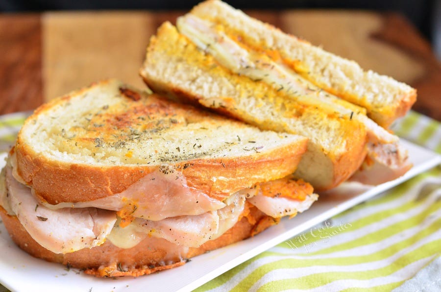 Pumpkin Turkey and Herb Grilled Cheese on a plate 