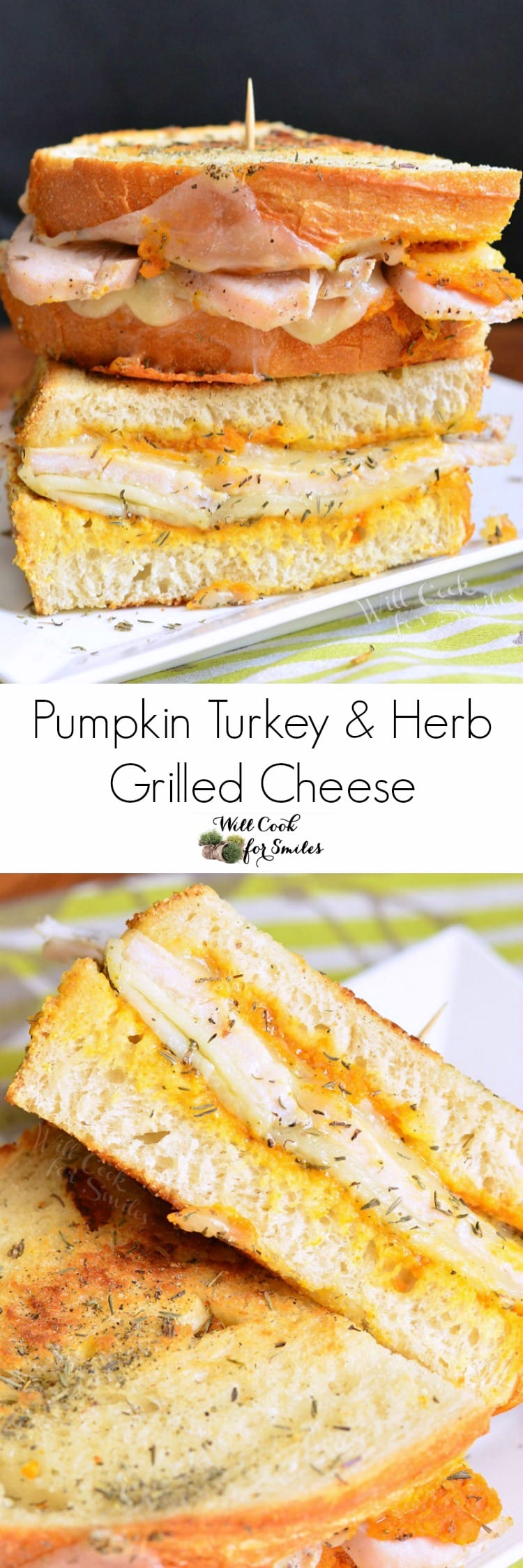Pumpkin Turkey Grilled Cheese on a white plate photo collage 