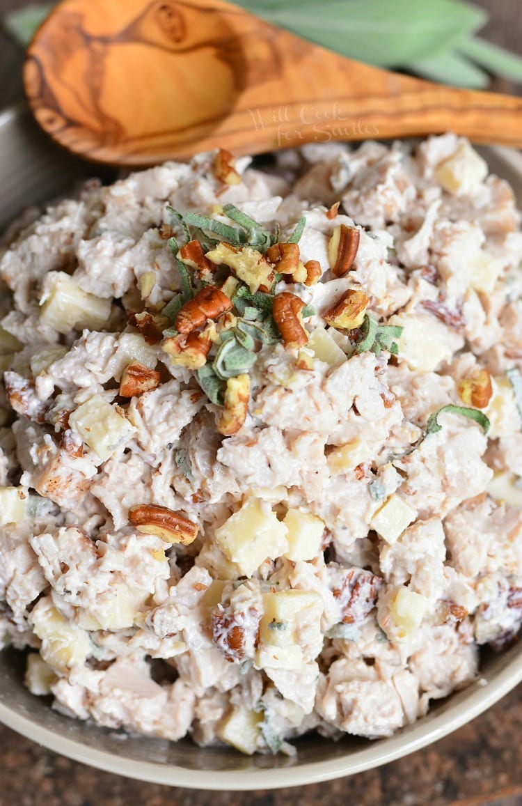 close up top view of Pecan, Sage, and Gruyere Turkey Salad in a bowl with a wooden spoon across the top of the bowl 