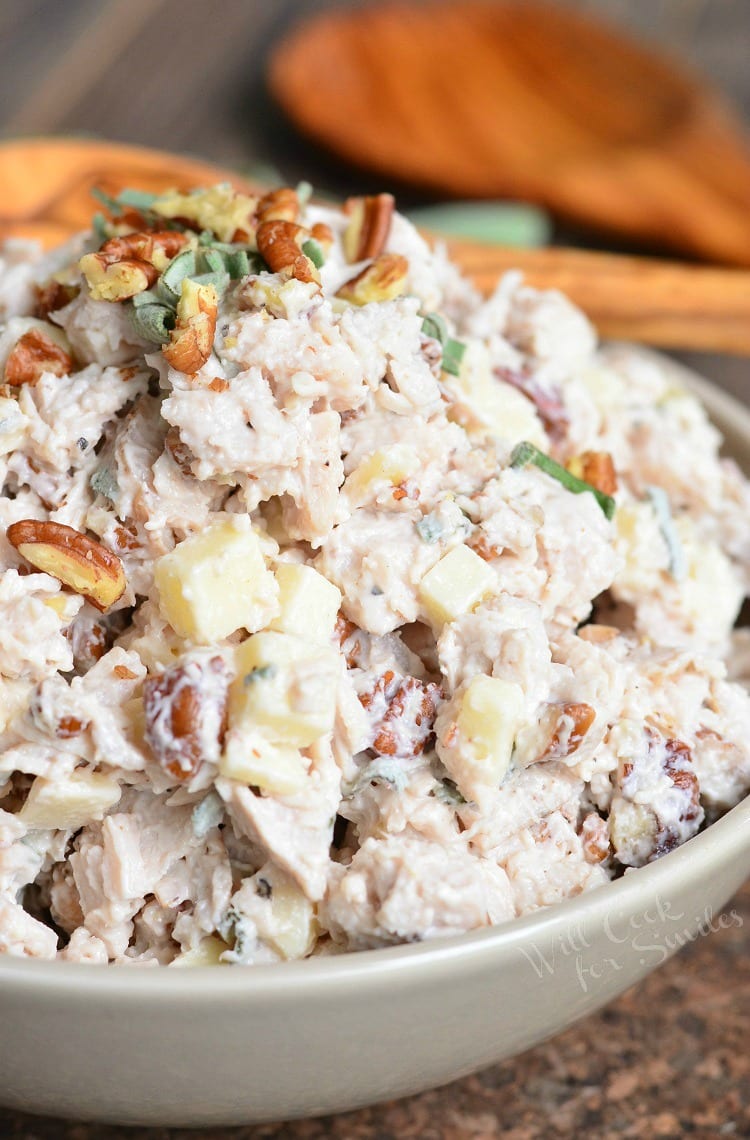 Pecan, Sage, and Gruyere Turkey Salad in a bowl 