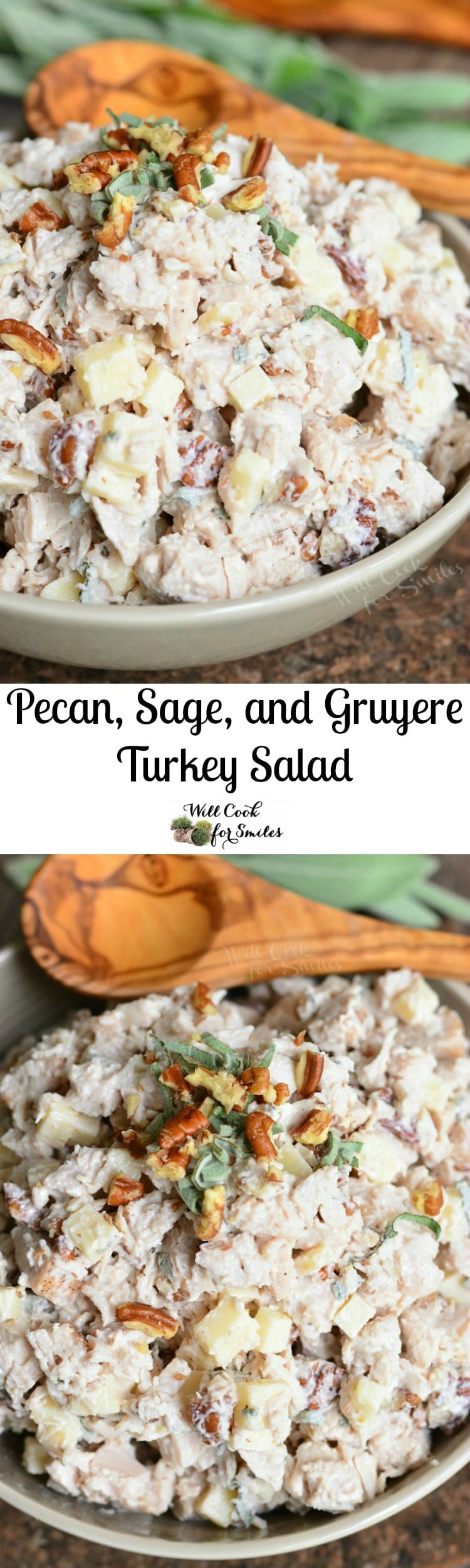 collage of Pecan, Sage, and Gruyere Turkey Salad in a white bowl with a wooden spoon above it 