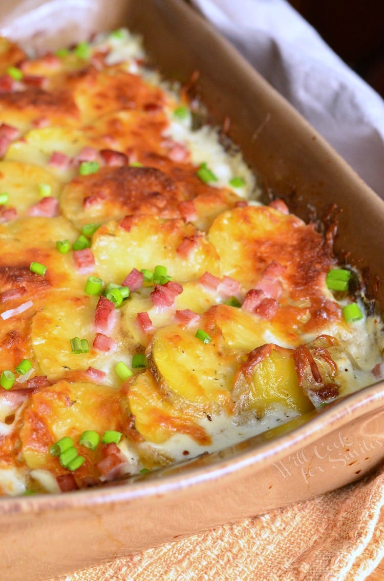 Chicken Cordon Bleu Scalloped Potatoes in a brown casserole dish 