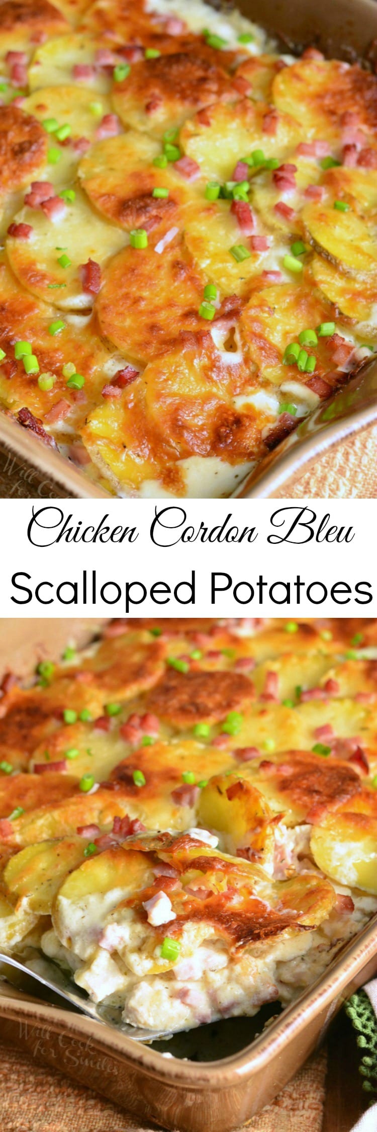 Chicken Cordon Bleu Scalloped Potatoes in a brown casserole dish collage 