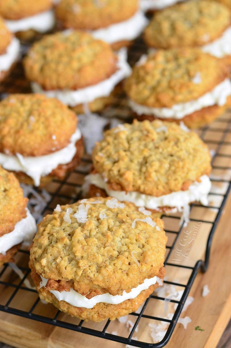 Coconut Oatmeal Cookie Sandwiches on a cooling rack 