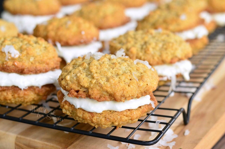 Coconut Oatmeal Cookie Sandwiches on a cooling rack 