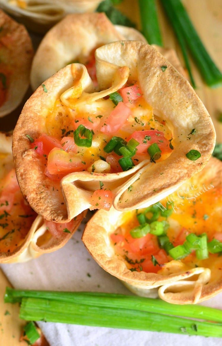 Chicken Enchilada Tortilla Cups on a table 