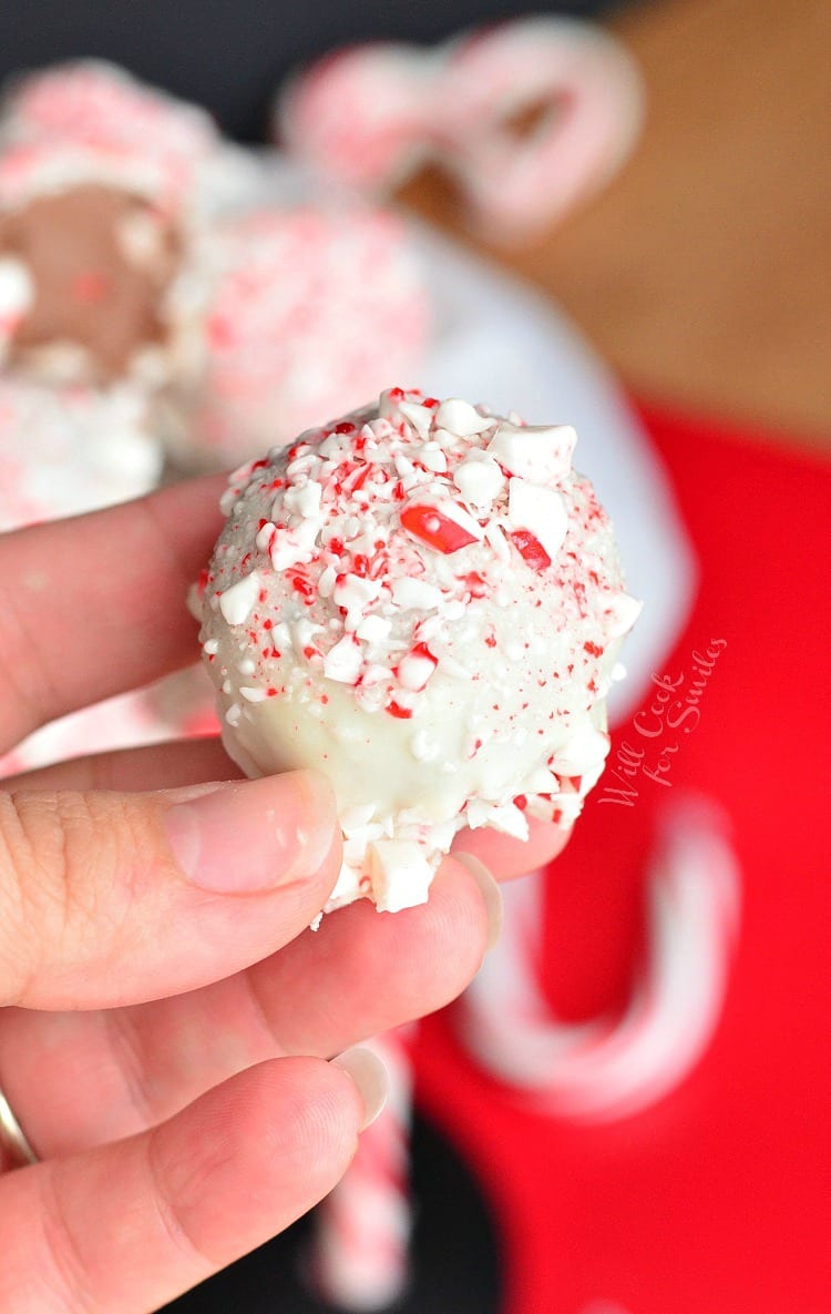 holding one white truffles topped with crushed peppermint candy