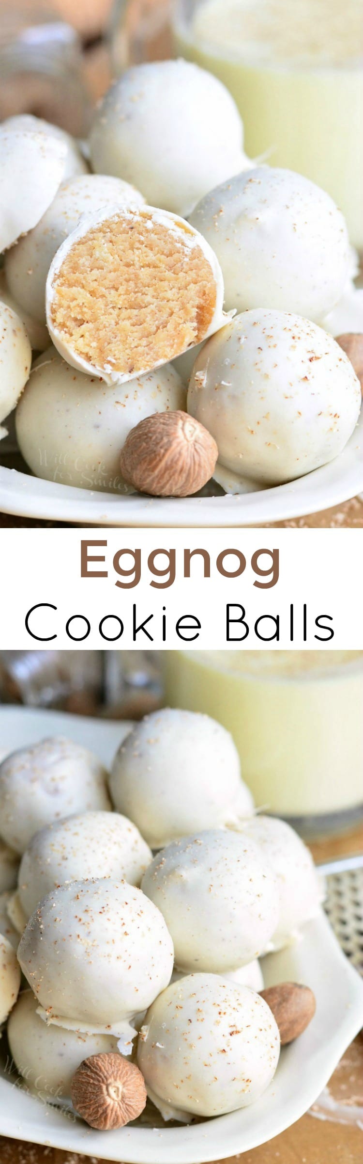 Eggnog Cookie Balls in a white bowl collage 