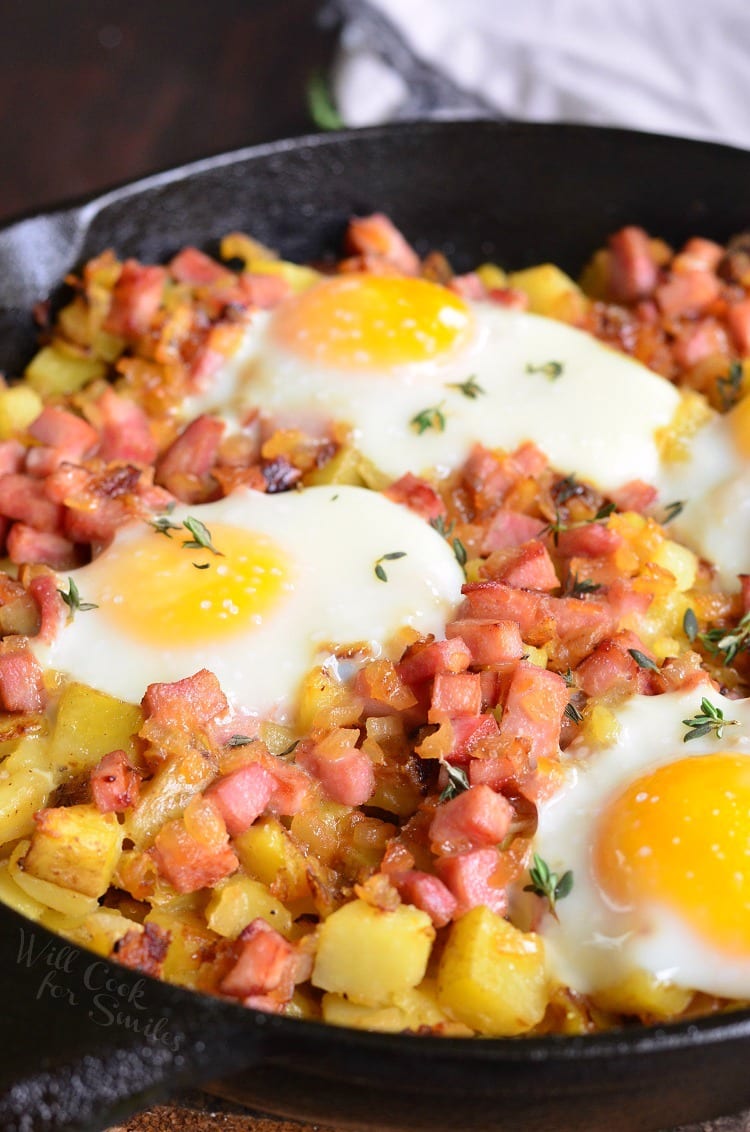 Honey Mustard Ham Egg and Potato in a cast iron pan 