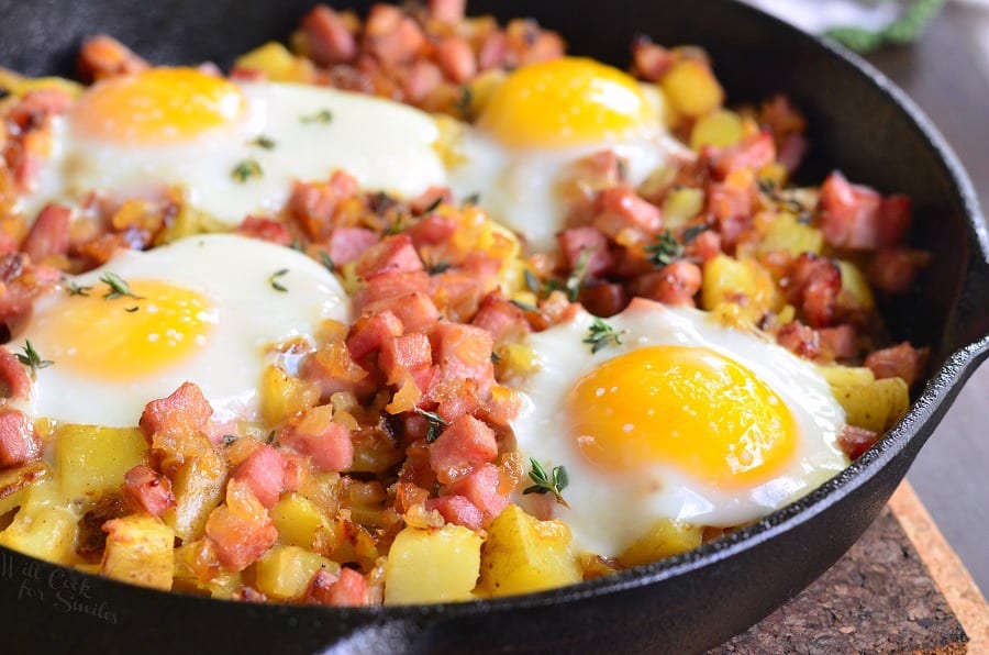Honey Mustard Ham Egg and Potato in a cast iron pan 