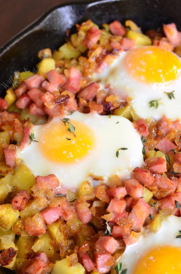 Honey Mustard Ham Egg and Potato in a cast iron pan 