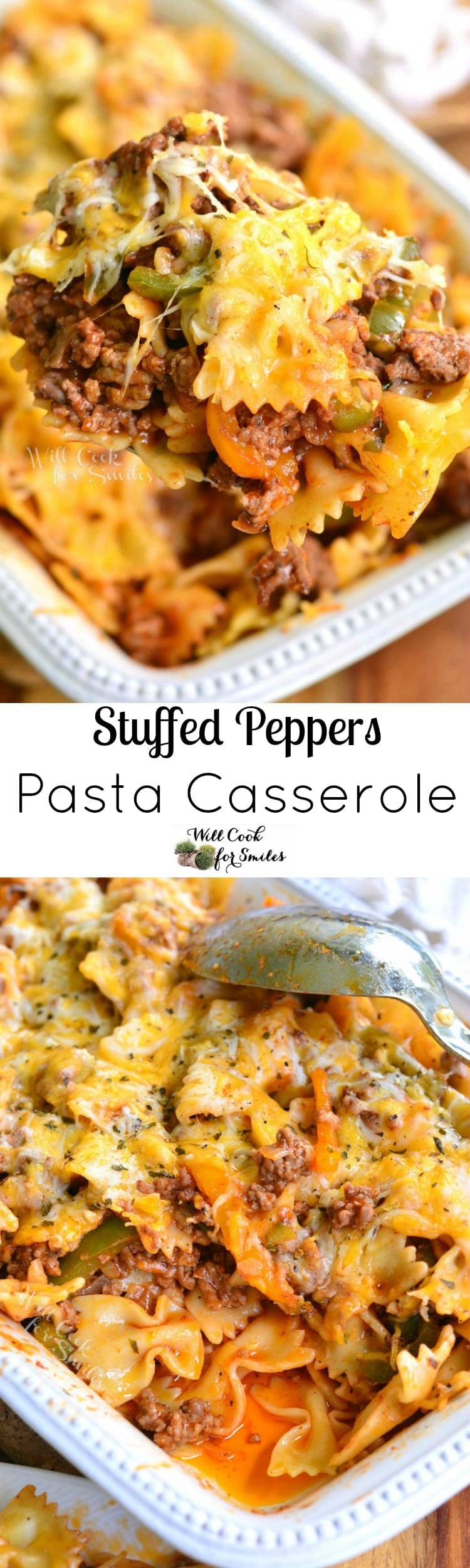 long collage of two images: scoop of pasta and beef casserole on top and casserole in a baking with some scooped out on the bottom