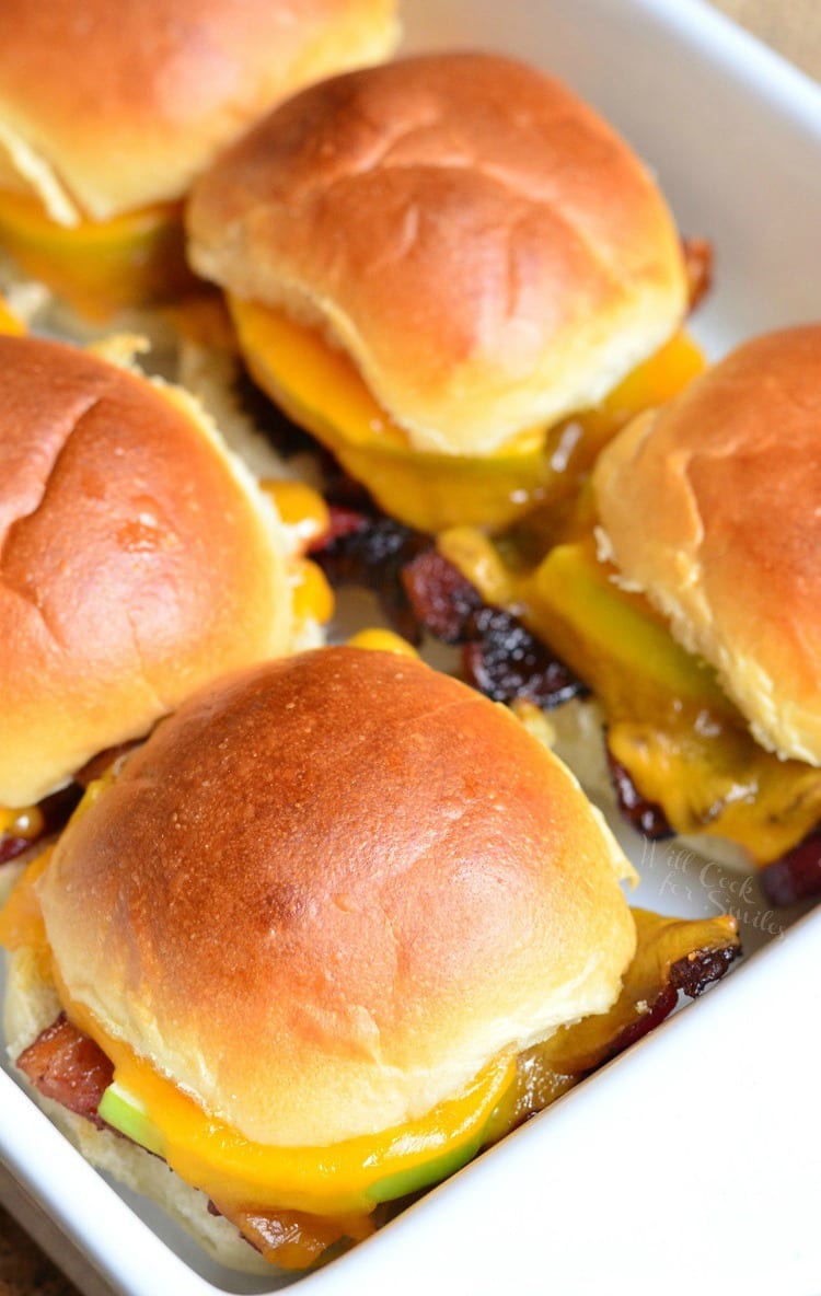 Apple Bacon Cheddar Baked Sliders in a baking dish 