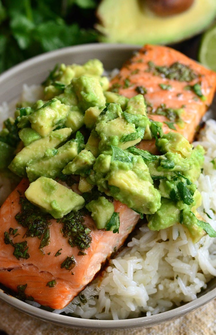 top view of Avocado Salmon Rice Bowl in a bowl 