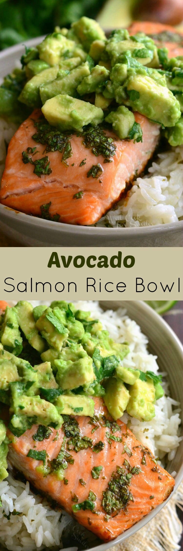 collage top photo is salmon with avocado on top with rice in a bowl and bottom is top view of salmon over rice with avocado  