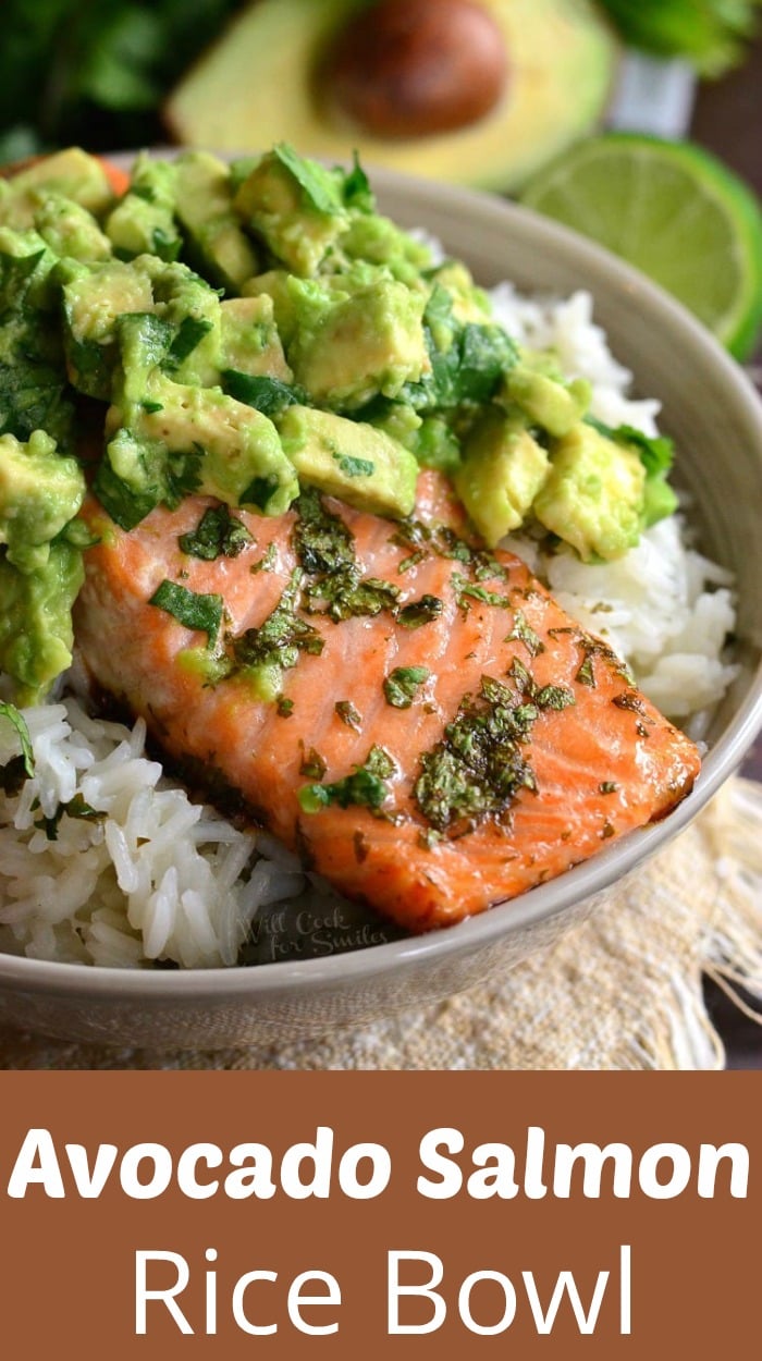 top view of Avocado Salmon Rice Bowl