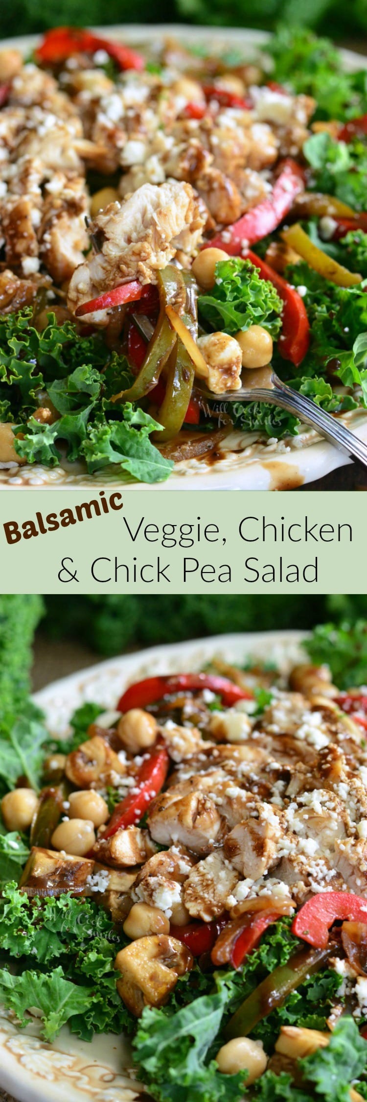 Balsamic Chicken, Veggies, and Chick Pea Salad. Kale salad topped with chicken and veggies that have been sauteed in balsamic dressing, chick peas, and finally, lots of feta cheese.