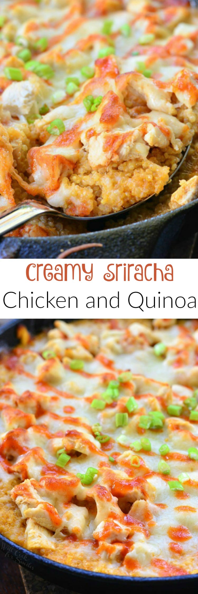 Creamy Sriracha Chicken and Quinoa Bake in a cast iron skillet with a spoon lifting some out 