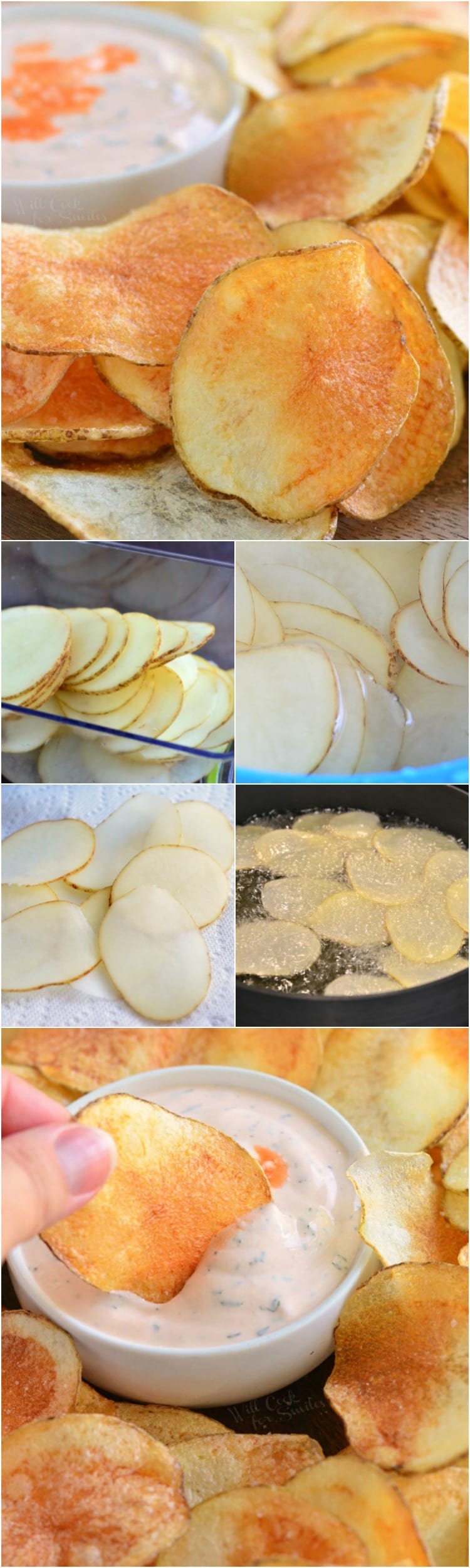collage of Homemade Potato Chips with Buffalo Ranch Dip in a small white bowl, middle photo of slicing and frying potatoes, last photo of dipping chip into sauce that is in small white bowl 