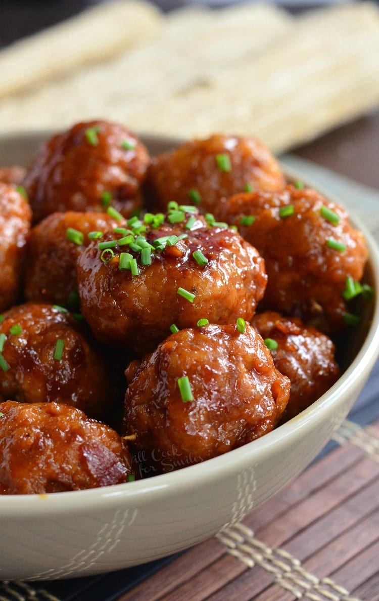 Honey Garlic Teriyaki Chicken Meatballs in a white bowl 