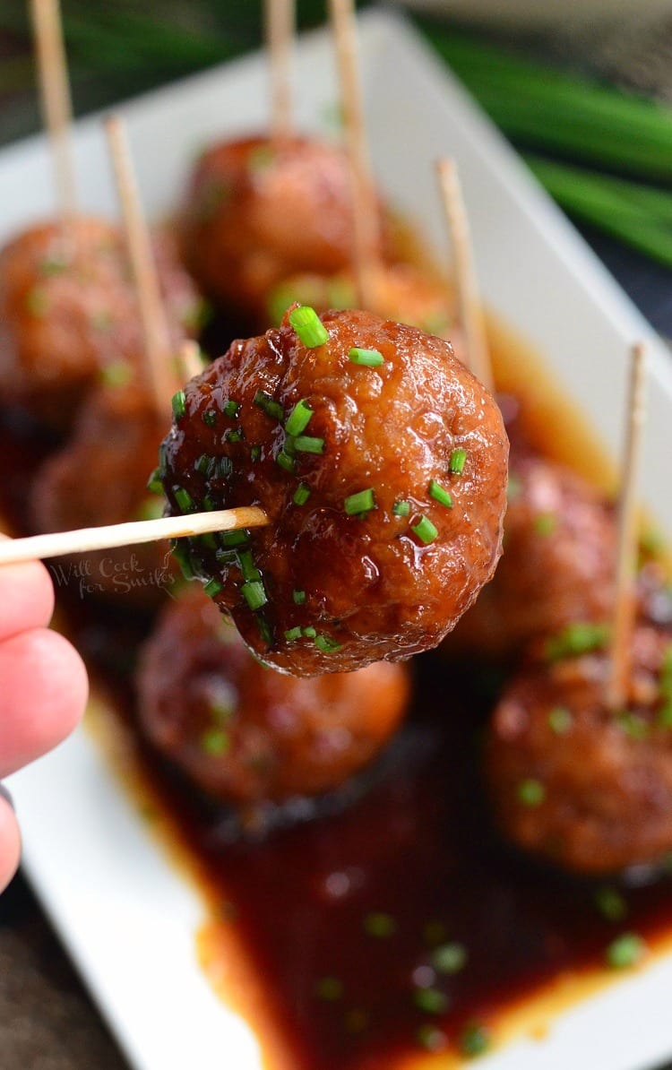 Honey Garlic Teriyaki Chicken Meatballs with toothpicks 